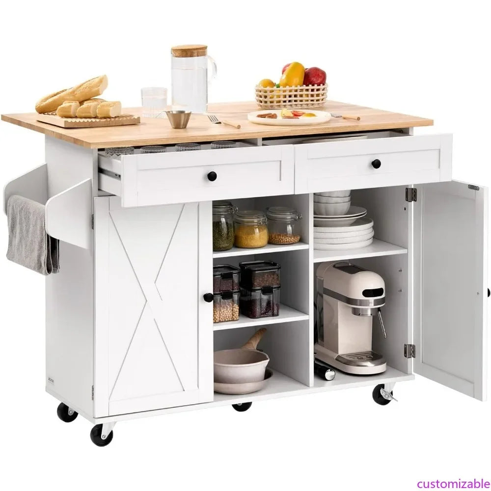 Wooden Top Kitchen Trolley with Storage, Rolling Drop Leaf Table, Drawers, and Spice Rack