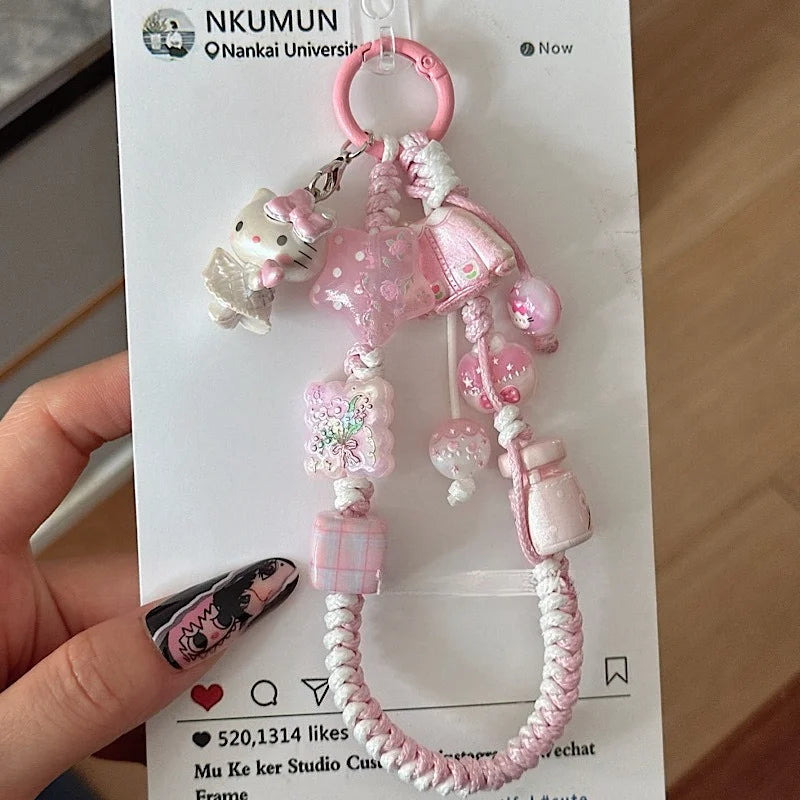 INS Sanrio Hello Kitty Sweet Pink Hand Woven Phone Case Wrist Strap Bead Keychain Bag Decor Pendant for Girl Woman Phone Lanyard