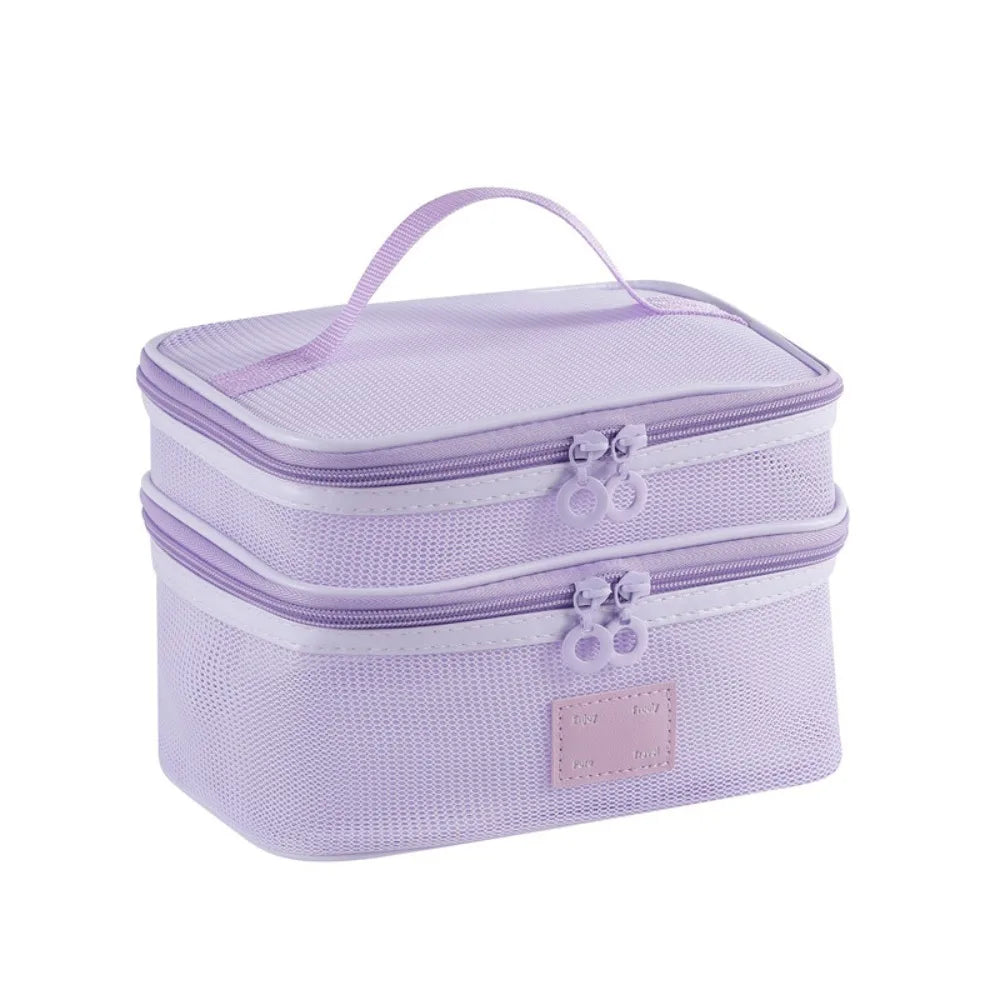 Portable Mesh Handheld Makeup Bag Square Lightweight Storage Toiletry Bag Zipper Large Capacity Transparent Mesh Cosmetic Bag