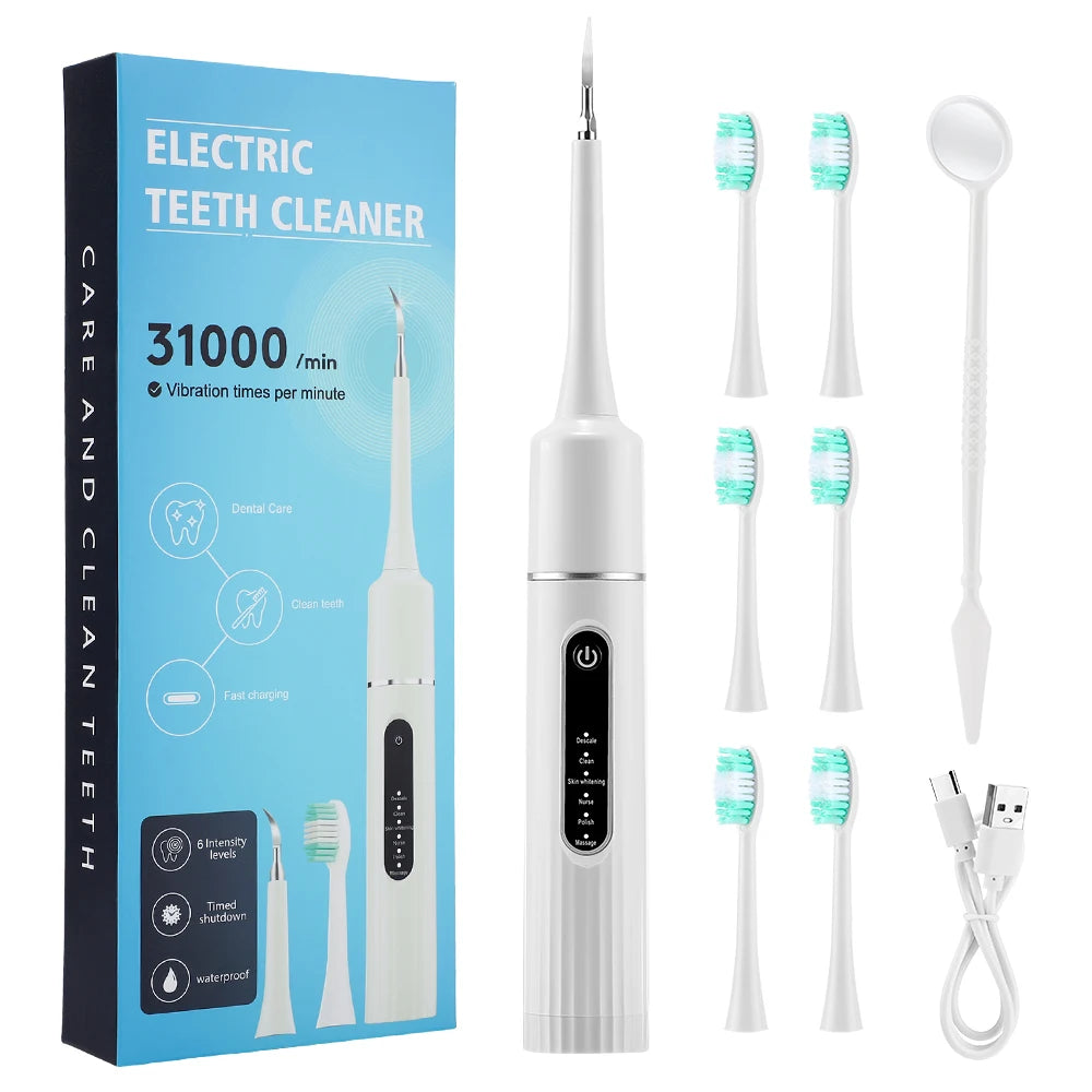 Electric Tooth Cleaner Waterproof Toothbrush Sonic Vibration Dental Scaler Plaque Calculus Tartar Remover With 5pcs Brush Heads