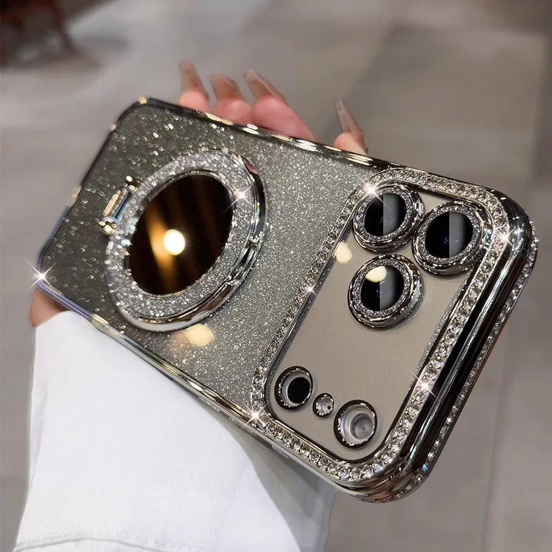 Gradient Glitter Diamond Magnetic Case For iPhone 17 16 15 14 13 12 11 ProMax Plus For Magsafe Mirror Stand Cover For iPhone Air