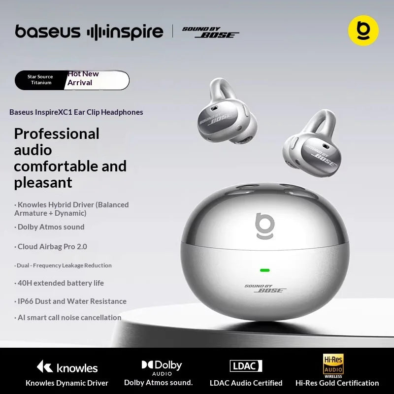 Baseus Inspire XC1 Open Ear Clip Bluetooth Headphones Knowles Hybrid Dual Driver Hi Res Audio LDAC Certified Dolby Audio