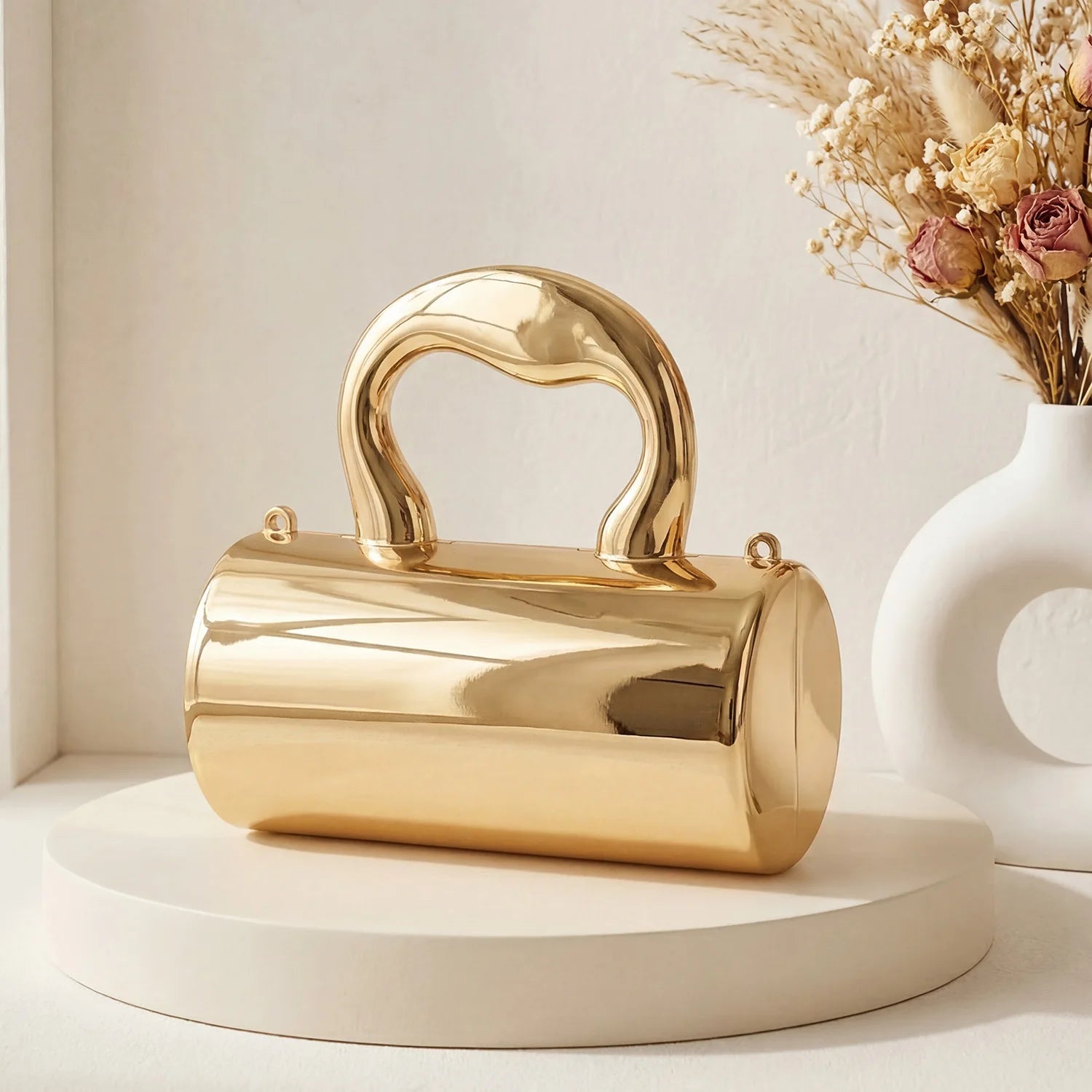 Women's stylish mini clutch bag made of gold cylindrical acrylic with a chain strap suitable for parties weddings and banquets