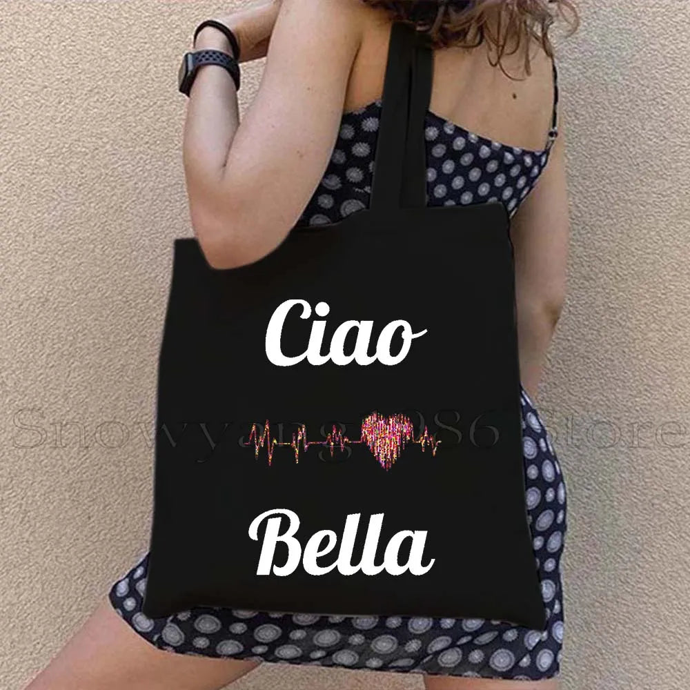 Funny Ciao Bella Saying Italy Flag Rome Colosseum Firenze Florence Panorama Italian Canvas Tote Bag Shopper Girl Casual Handbag