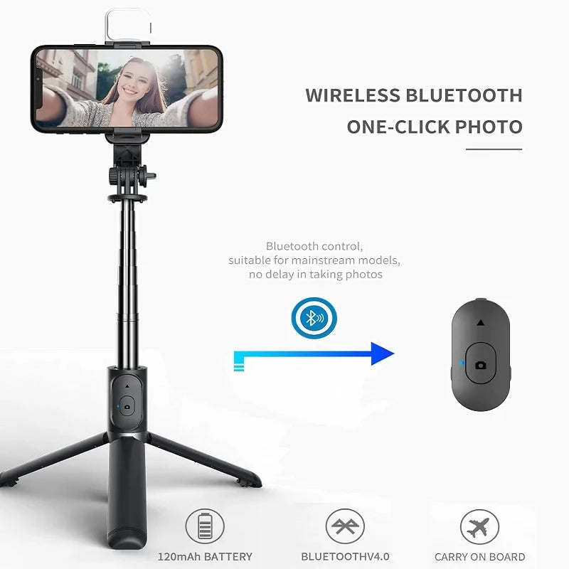 Upgrade Selfie Stick 1m with Wireless Bluetooth LED Fill Light Extended Tripod with Remote Shutter for Android IOS Cellphone