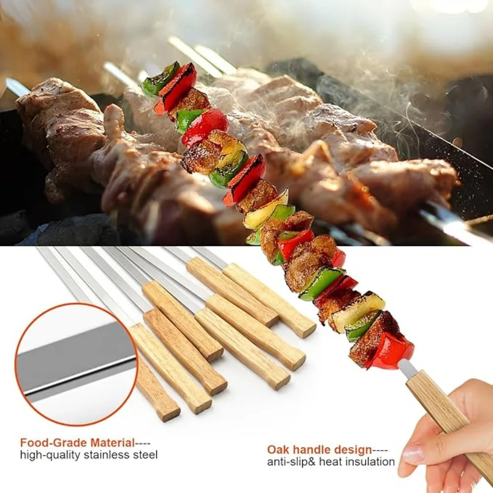 8pcs Large Kabob Skewers Stainless Steel Thicken Reusable for Meat Chicken Vegetable Barbecue Skewer Outdoor BBQ Essential Tools