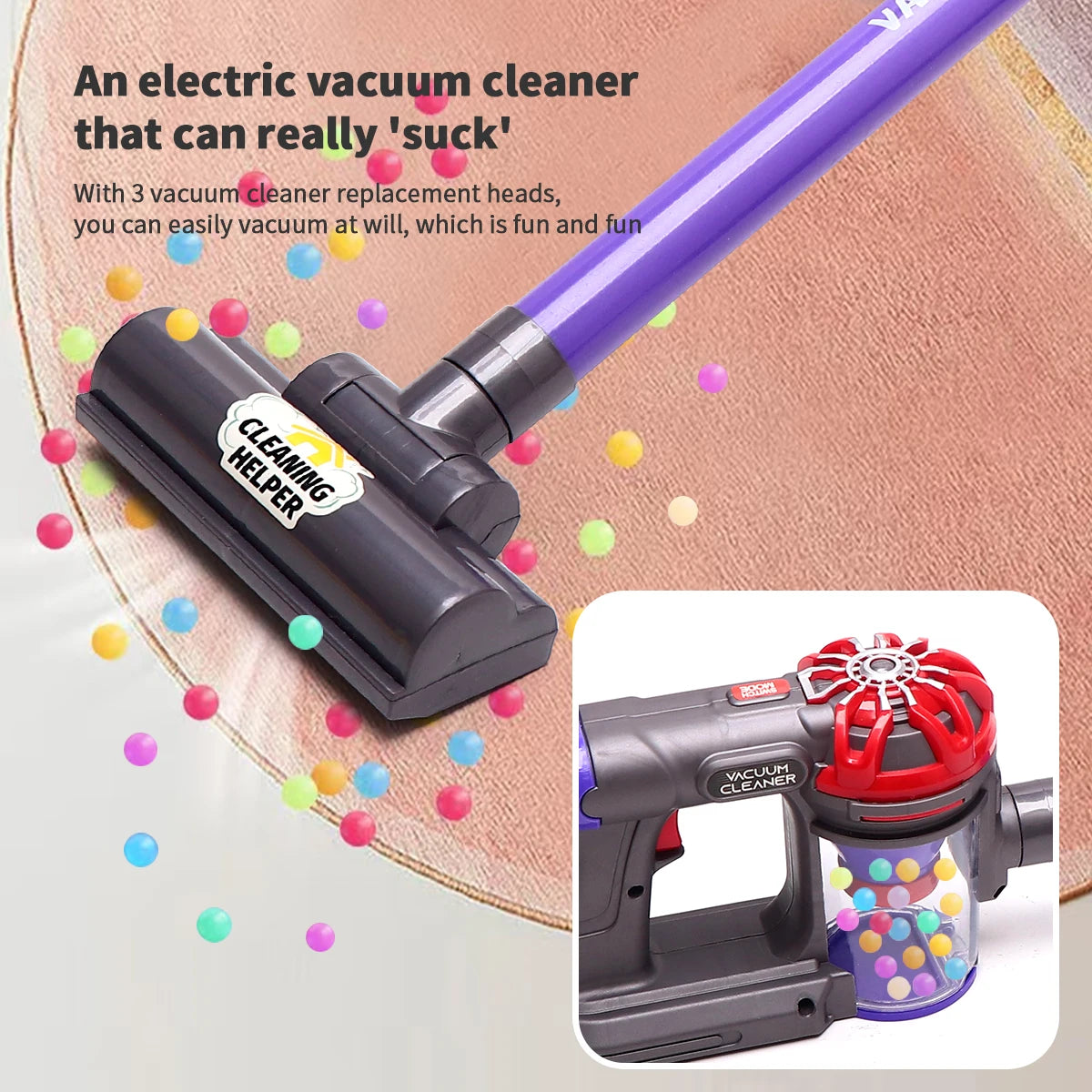 Kids Real Suction Cleaning Play Set with Storage Rack - 3-in-1 Electric Vacuum Cleaner & Pretend Cleaning Tools for Toddlers