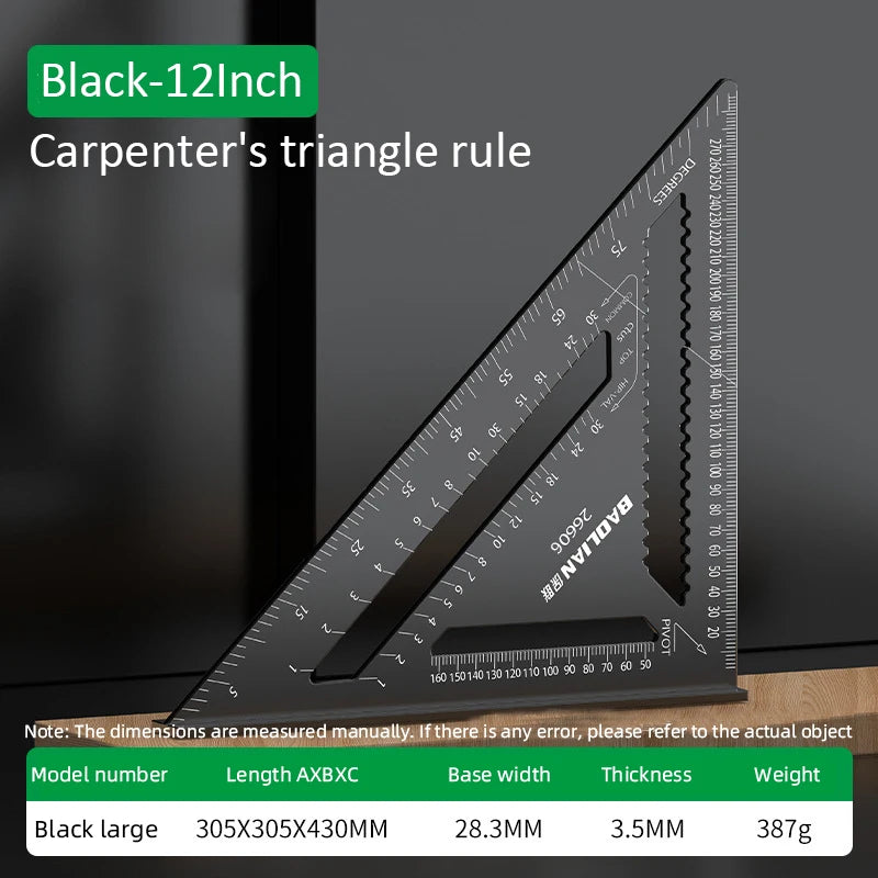 7/12Inch Triangle Ruler High-Precision 90 Degree Woodworking Angle Ruler Metric and Imperial Aluminium Alloy Woodworking Tools