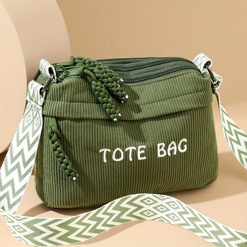 Women's Large Capacity Retro Washed Fabric Bag with Multiple Pockets, Flashy Travel Bag, Lightweight Artsy Casual Crossbody Bag