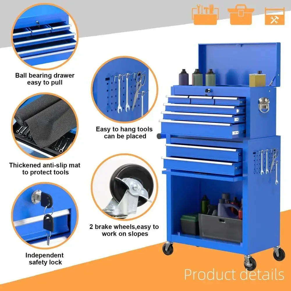 Heavy-Duty Rolling Tool Chest with Removable Cabinet, Lockable Storage Box for Workshops and Garages