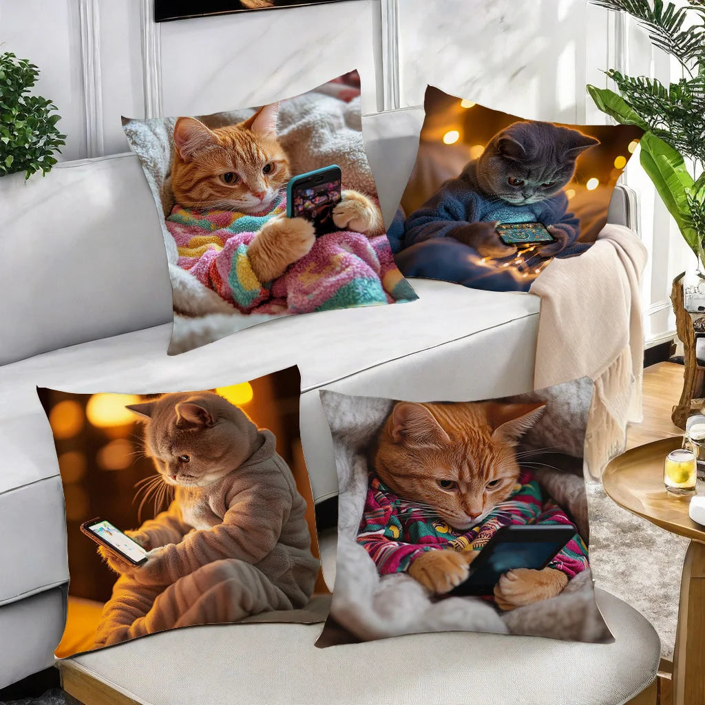 4-Piece Cute Theme Pillowcase Set – Featuring Cats Using Electronic Devices (Phones, Tablets, Laptops)