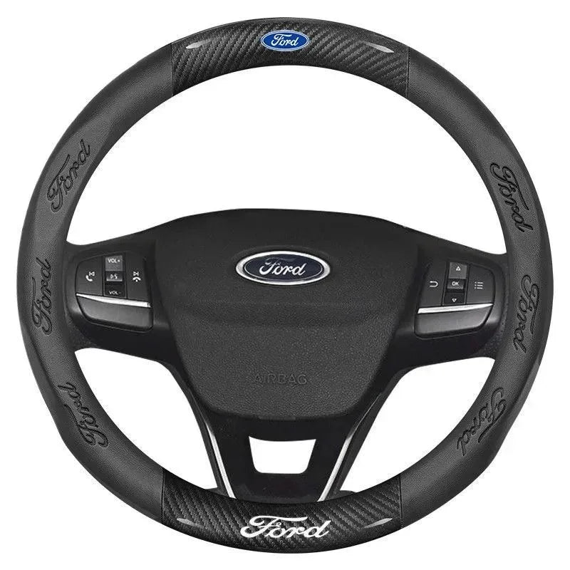 For Ford Mondeo Focus Raptor Puma Edge Explorer Ecosport Ranger F150 Kuga Car AntiSlip Carbon Fiber Leather Steering Wheel Cover
