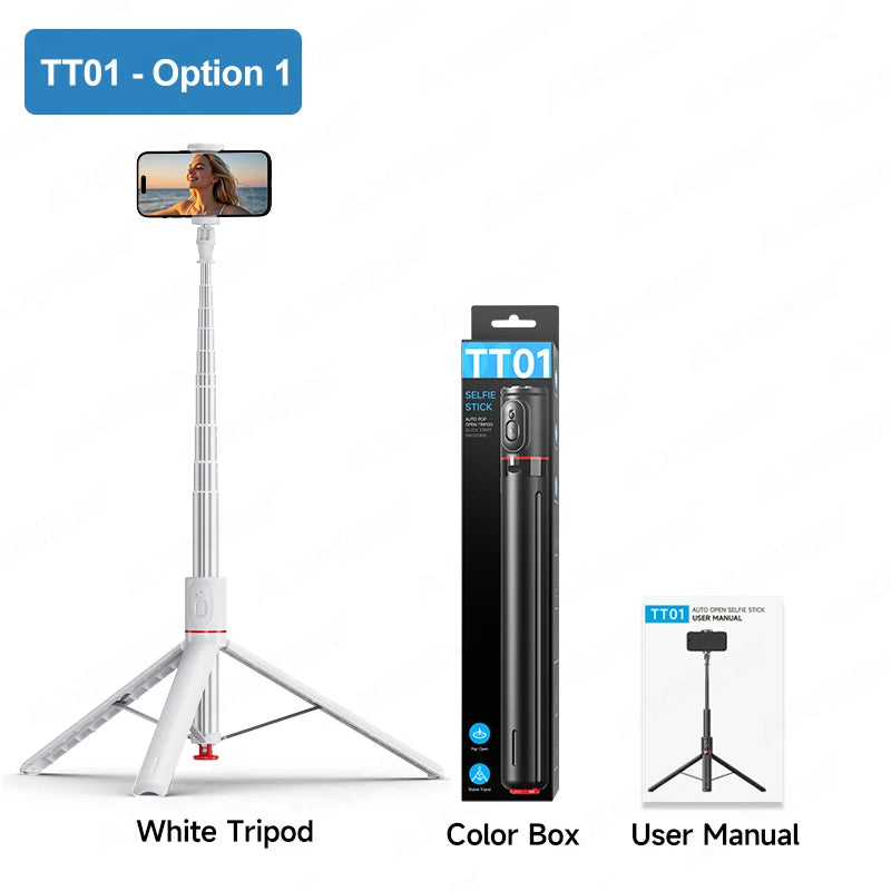 White Selfie Stick Tripod Portable 70 Inch All-in-one Auto Pop Open Wireless Bluetooth Magnetic Remote Control Smartphone Stand
