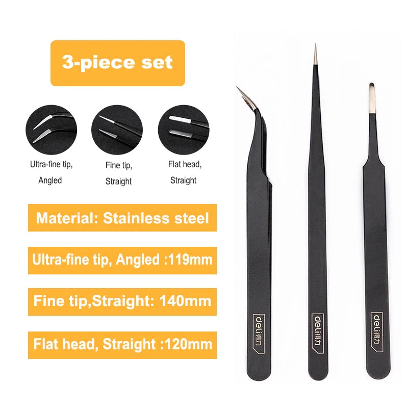 Deli 3 PCS Precision Tweezers Set ESD Anti Static Stainless Steel Tweezers Repair Tools for Electronics Repair Soldering Craft