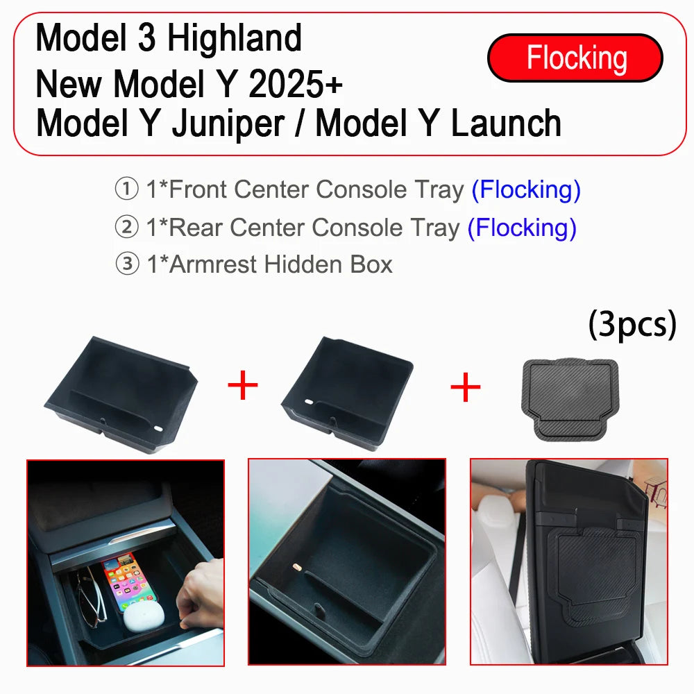For Tesla New Model Y Juniper Launch 2025 Model 3 Highland Storage Box Organizer Center Console Trays Drawer Armrest Accessories