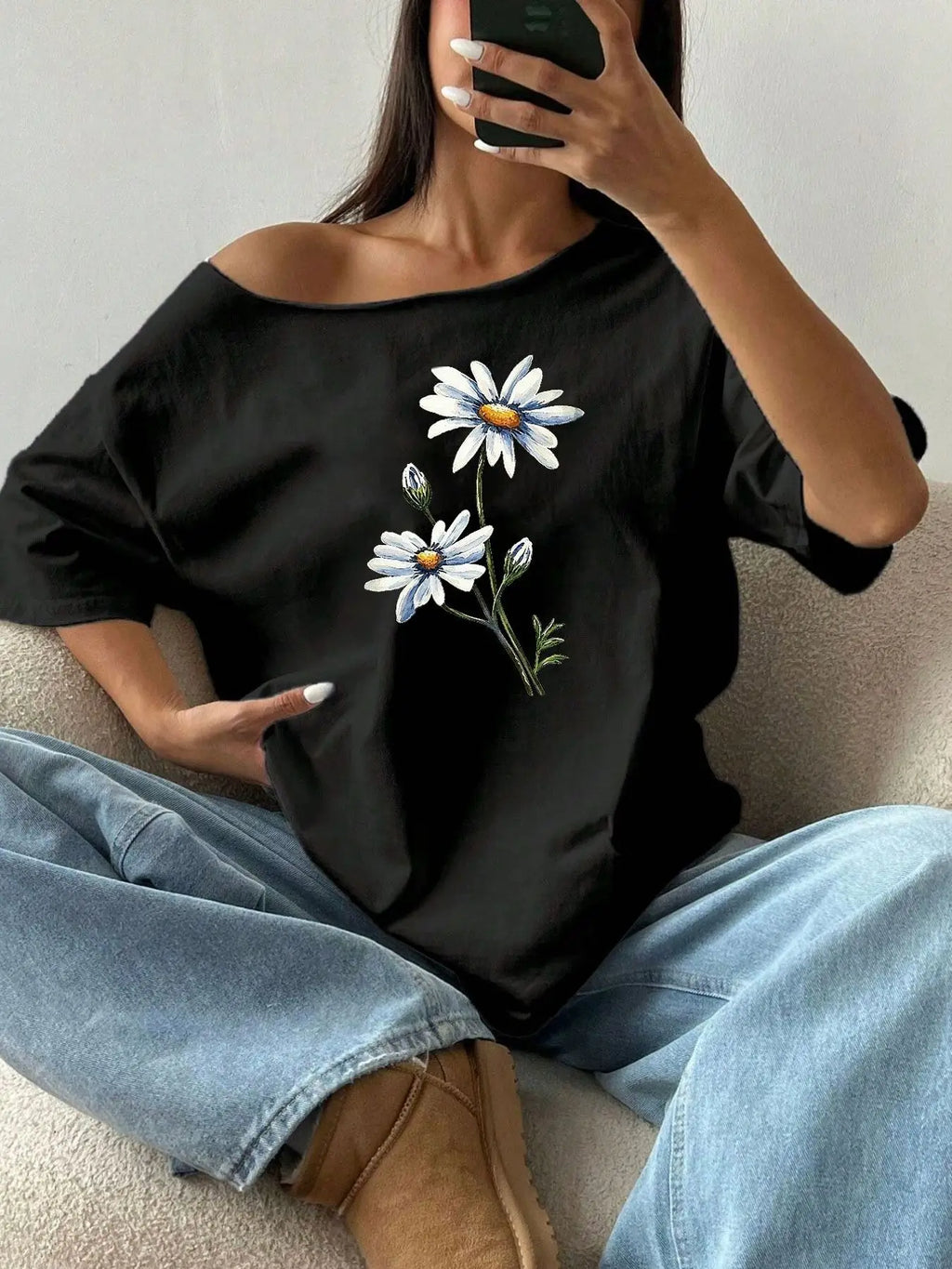 100% Cotton Plus Size Daisy Floral Print Shoulder Loose Print T-Shirt Oversized Y2K Style Graphic Tees Women Tops Summer Off