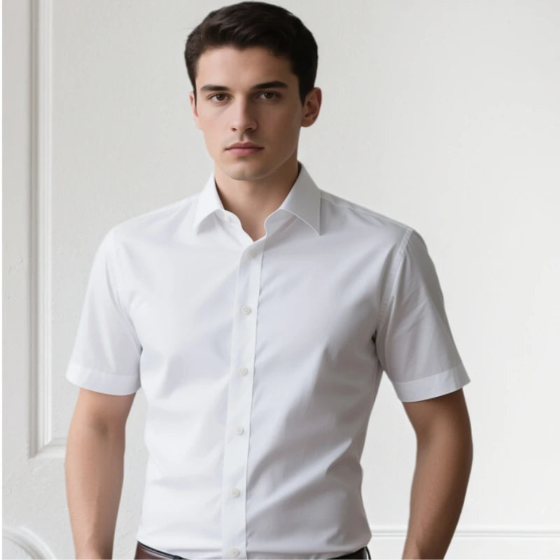 S-6XL Bamboo Fiber Stretch Men Shirt Fashion Casual Business Short-Sleeved Top Anti-Wrinkle No-Iron Solid Color Formal Shirt