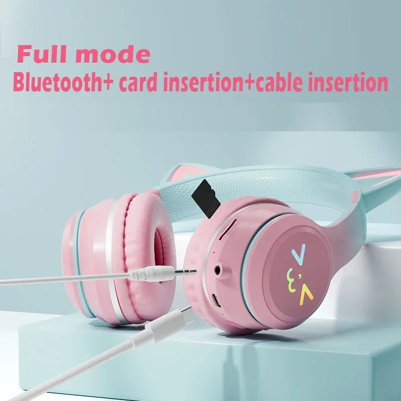 Pink Cat Ears TWS Earphone RGB Smile Face Gradient Headset Cute Gift For Little Girls Compatible With Any Smartphone
