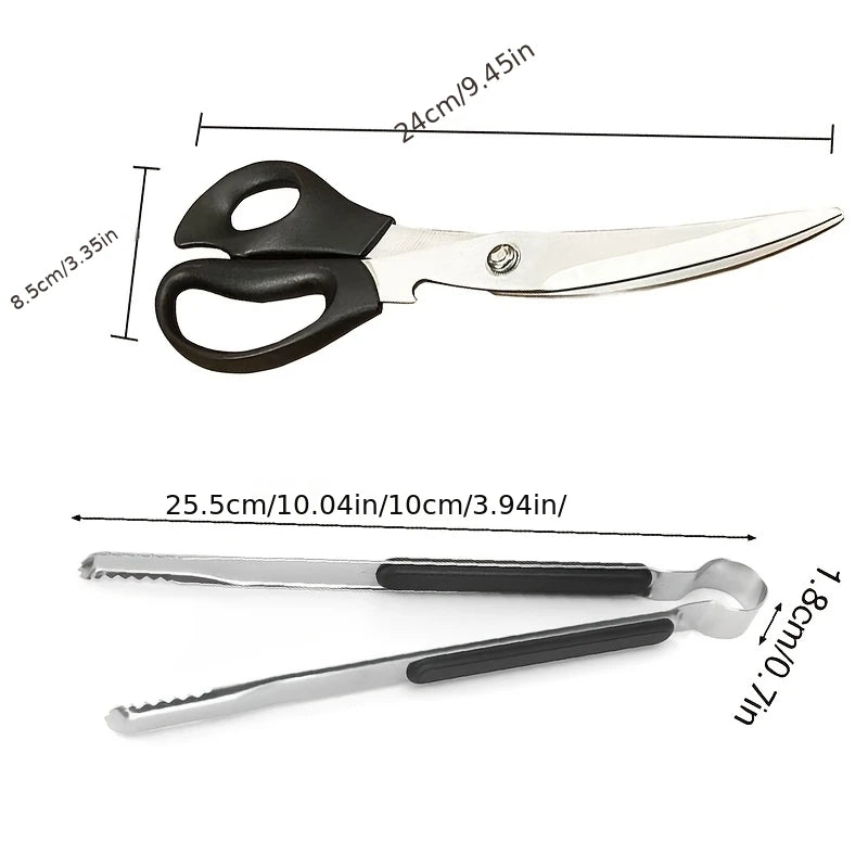 2PCS Stainless Steel BBQ Scissors Tongs Set Heavy Duty Food Grade Grill Tools For Camping Barbecue Kitchen Meat Cutting