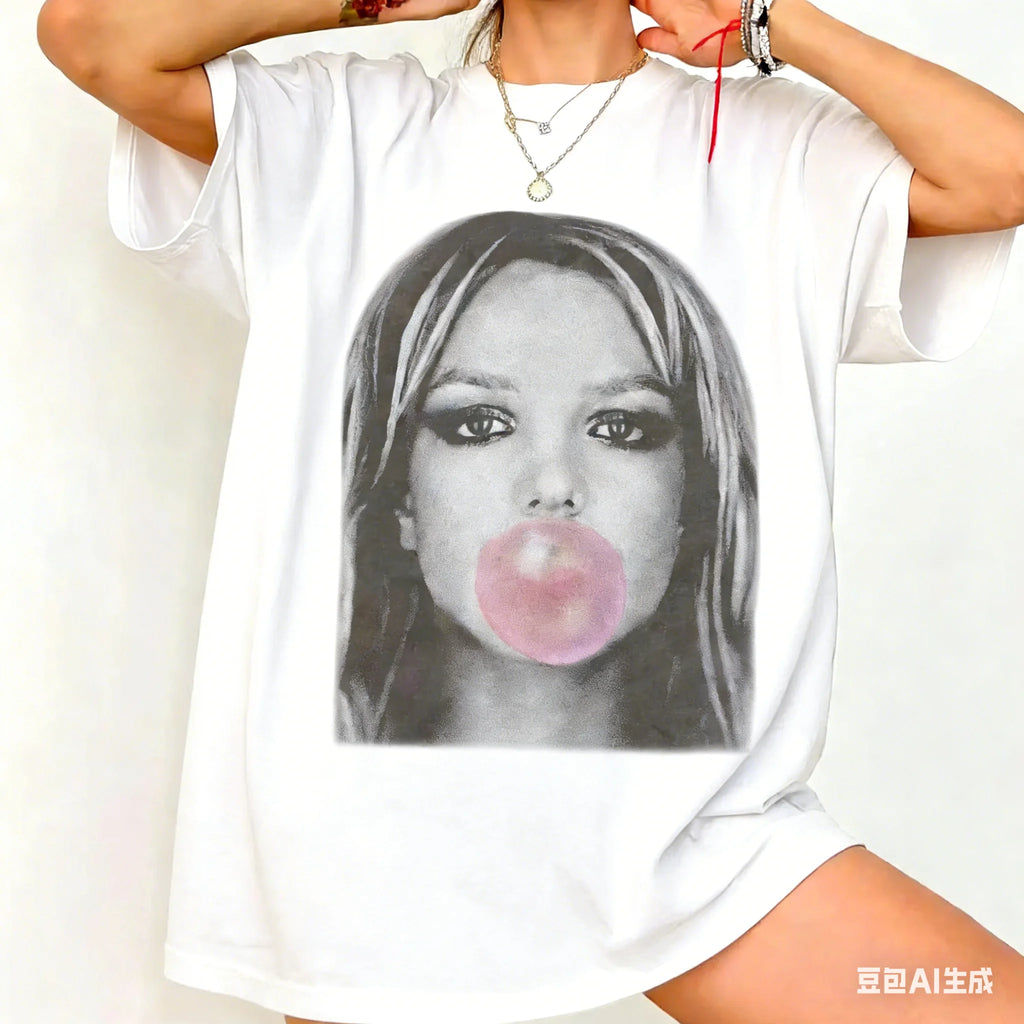 Plus Size Britney Spears Bubble Gum Balloon Print T-shirts Summer Fashion High Quality Short Sleeved Casual Sports Pullover Tops