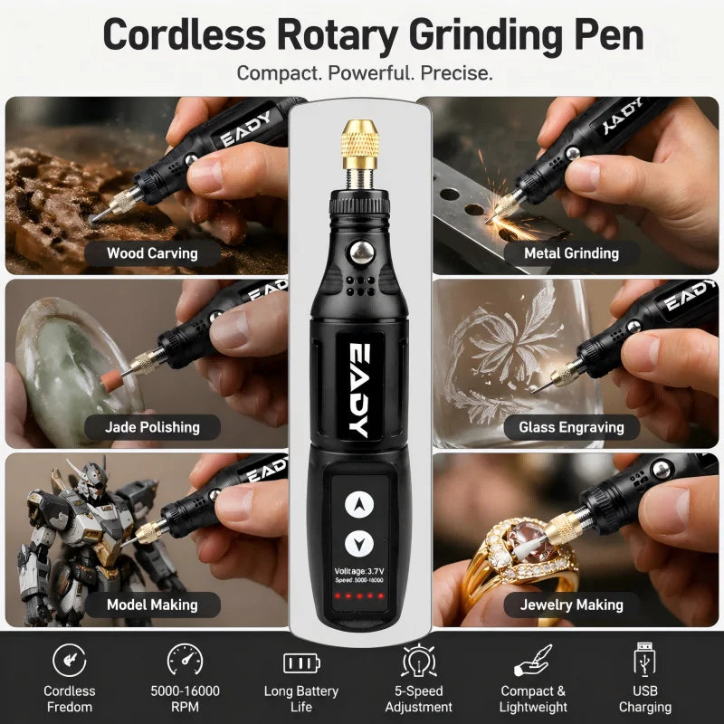 Cordless Rotary Tool, Electric Mini Grinder Pen, Mini Drill, USB Charging, Sanding, Polishing, Drilling Attachments, for DIY
