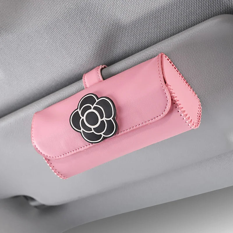 Camellia Flower Leather Car Glasses Holder Universal Sunglasses Case Sunshade Organizer Storage Box Auto Interior Accessories