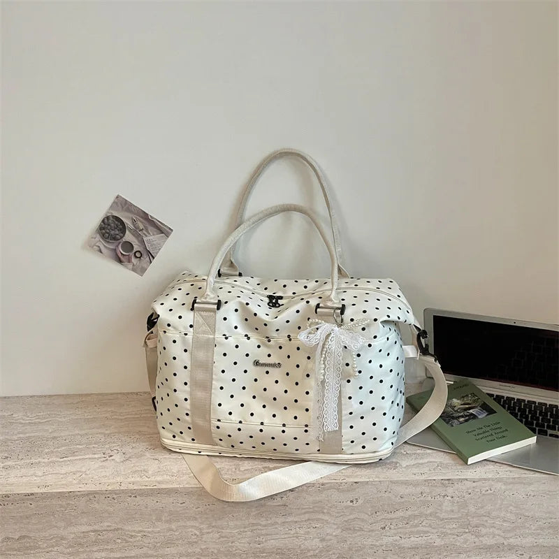 Korean Polka Dot Lazy Style Large Capacity Women's Luggage Bag Travel Handheld Short Trip Business Commuting Bag Lightweight ...