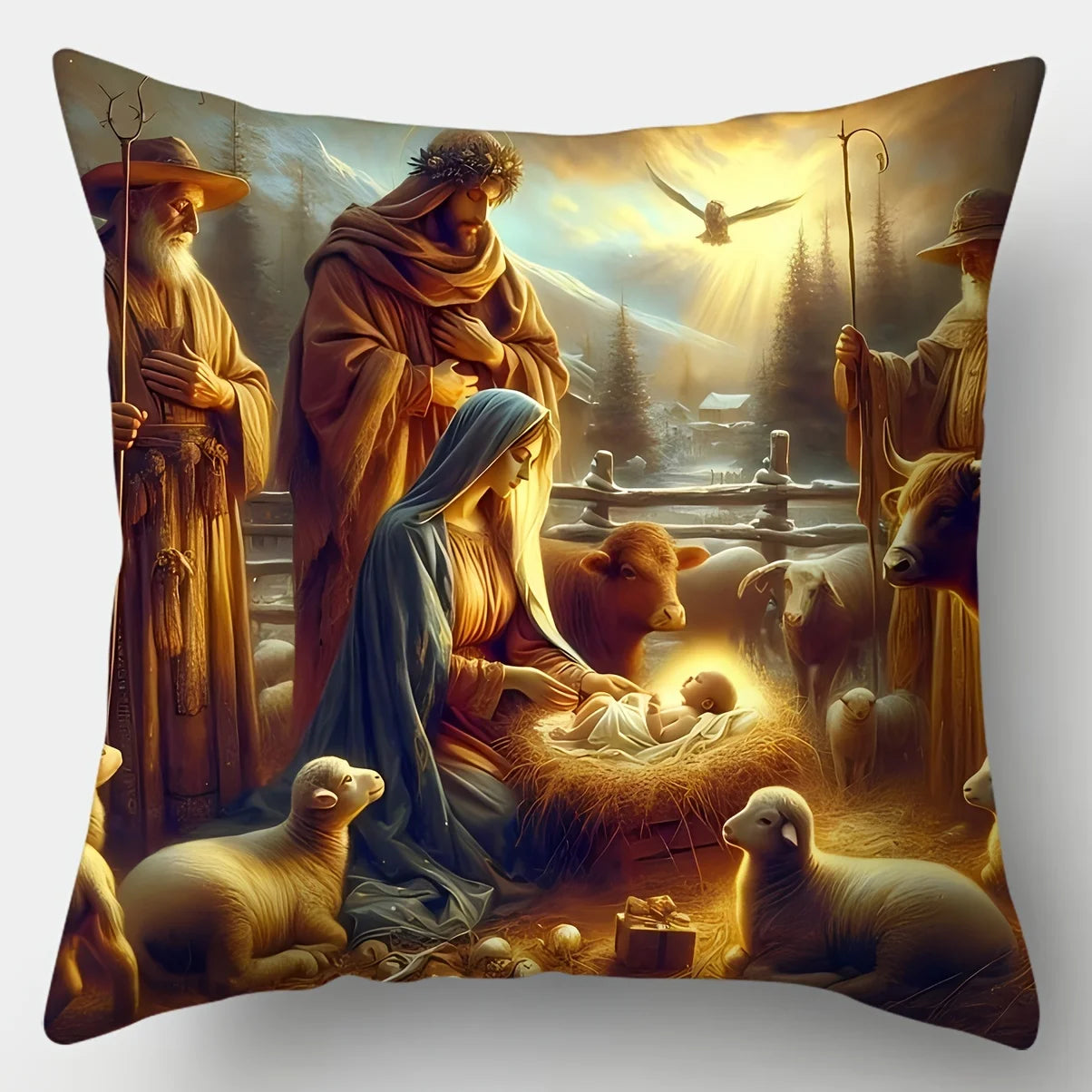 4Pcs Traditional Christmas Pillow Covers - Cozy Nativity Scene with Jesus, Ox Sheep Pattern,Woven Polyester for Living Room Home