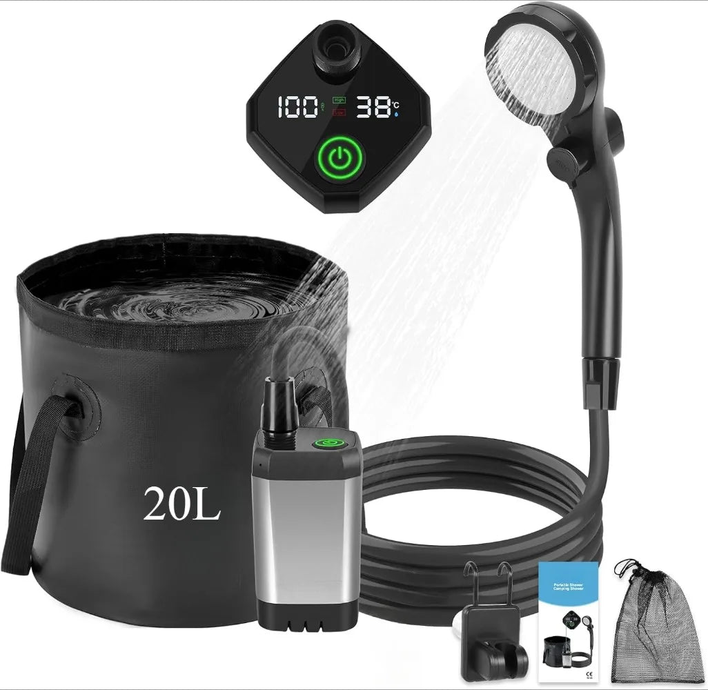 Portable Camping Shower with Rechargeable Pump - 6000mAh Outdoor Shower Kit W/ 20L Foldable Bag for Travel, Garden & Car Wash