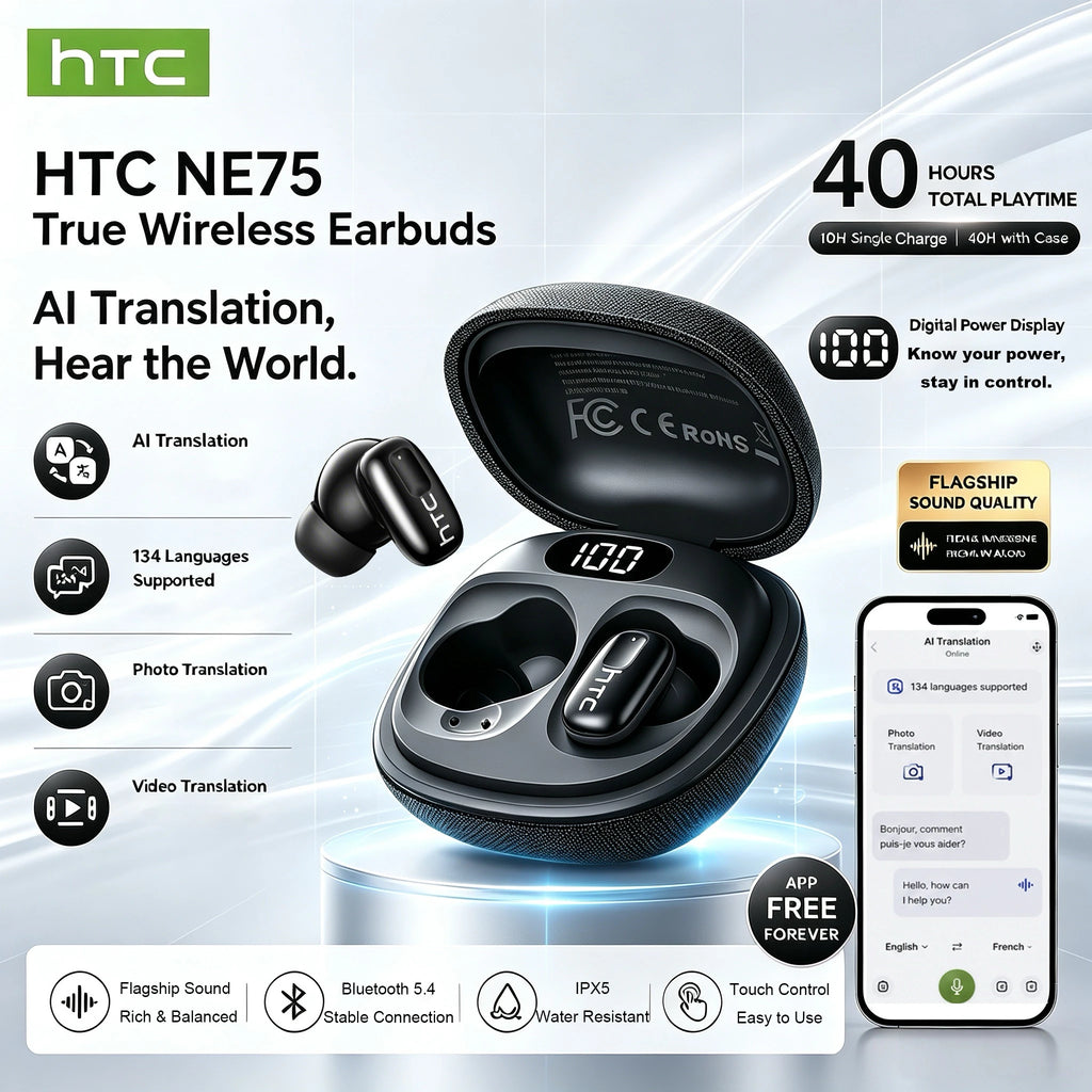 HTC NE75 AI Translator Earbuds 135 Language Long Battery Bluetooth Earphones Portable Soft Wireless Headphone Suitable Daily