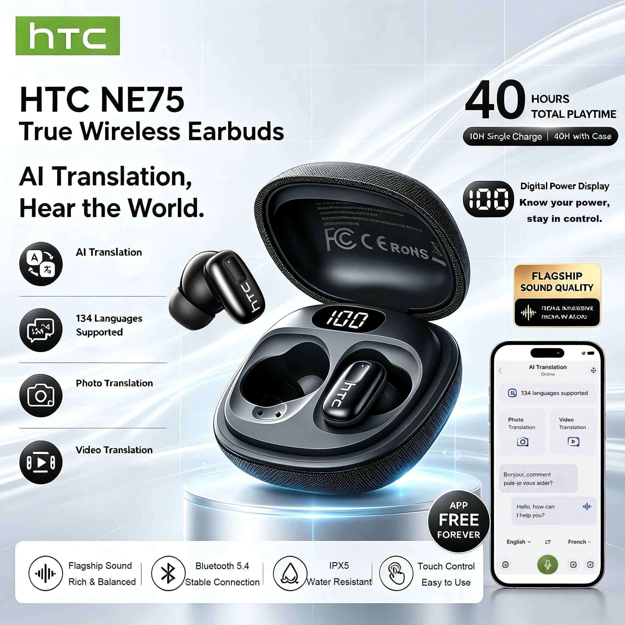 HTC NE75 AI Translator Earbuds 135 Language Long Battery Bluetooth Earphones Portable Soft Wireless Headphone Suitable Daily