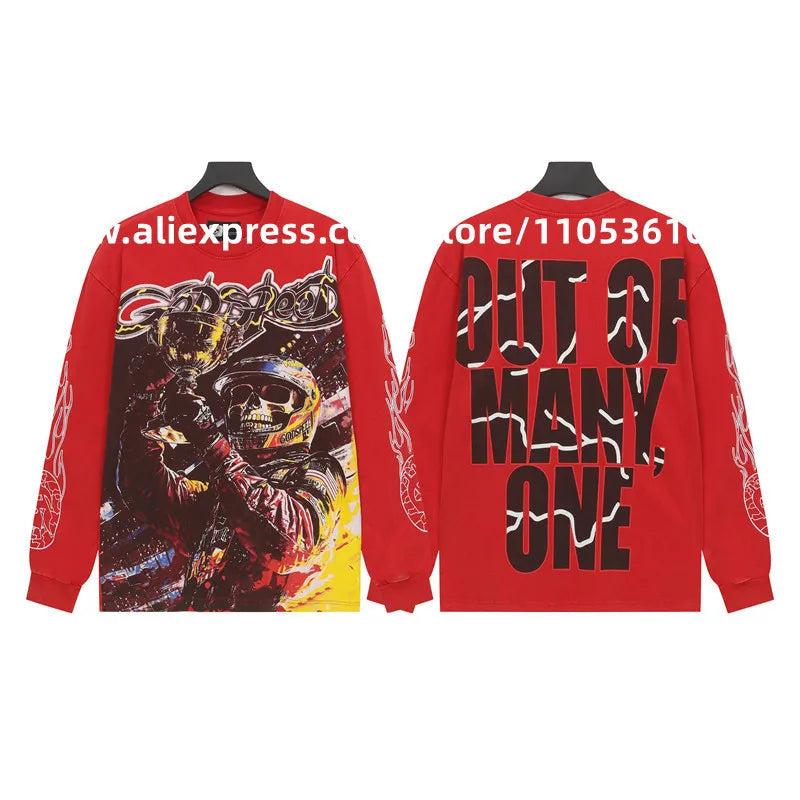 2026 Quality American Skeleton Pattern Printed Washed GODSPEED Long Sleeves T-shirt High Street Casual Cotton Round Neck Men Top