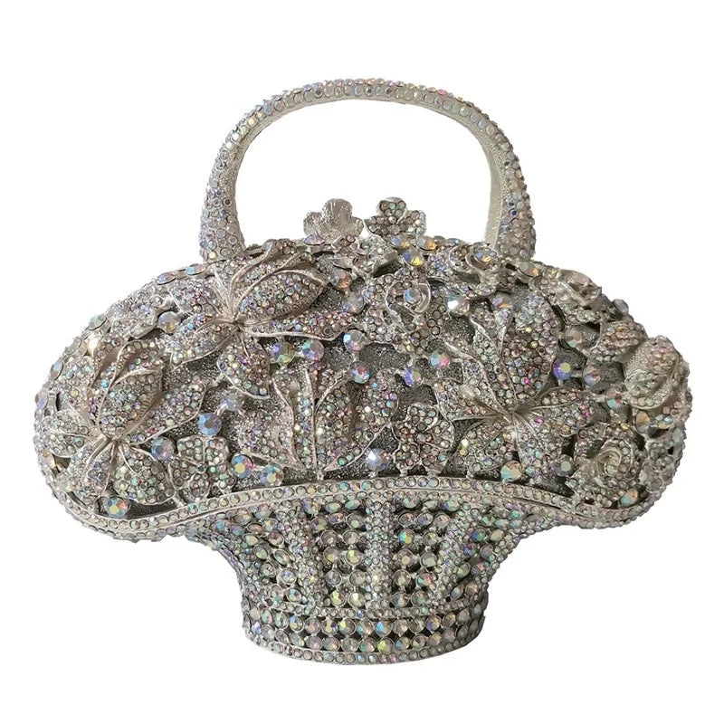 Flower Basket Diamond Dinner Bag Metal Hollow Hand-Held Rhinestone Women's Bag Banquet Clutch Purse Crystal Vintage Handbags