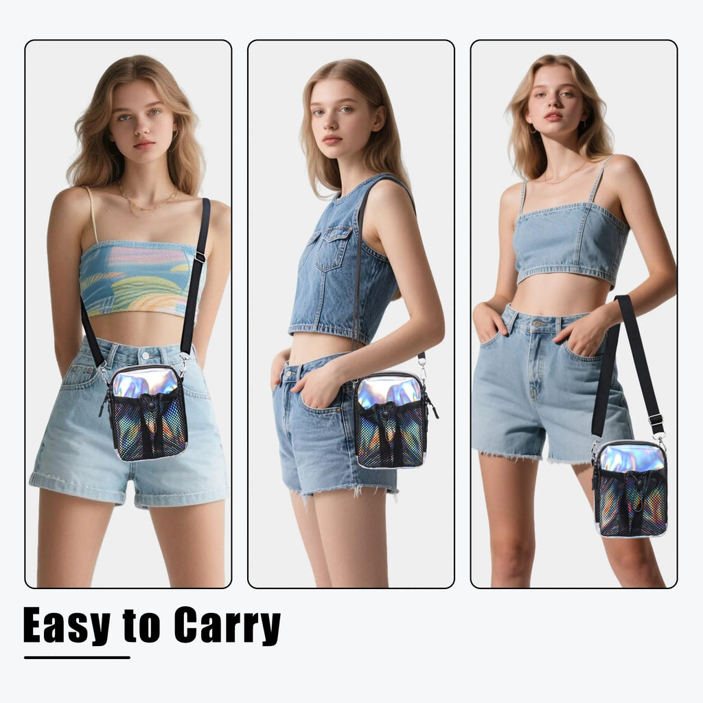 Holographic Crossbody Phone Bag Waterproof Small Shoulder Bag with Front Mesh Pocket Casual Travel Mini Messenger Pouch for Wome