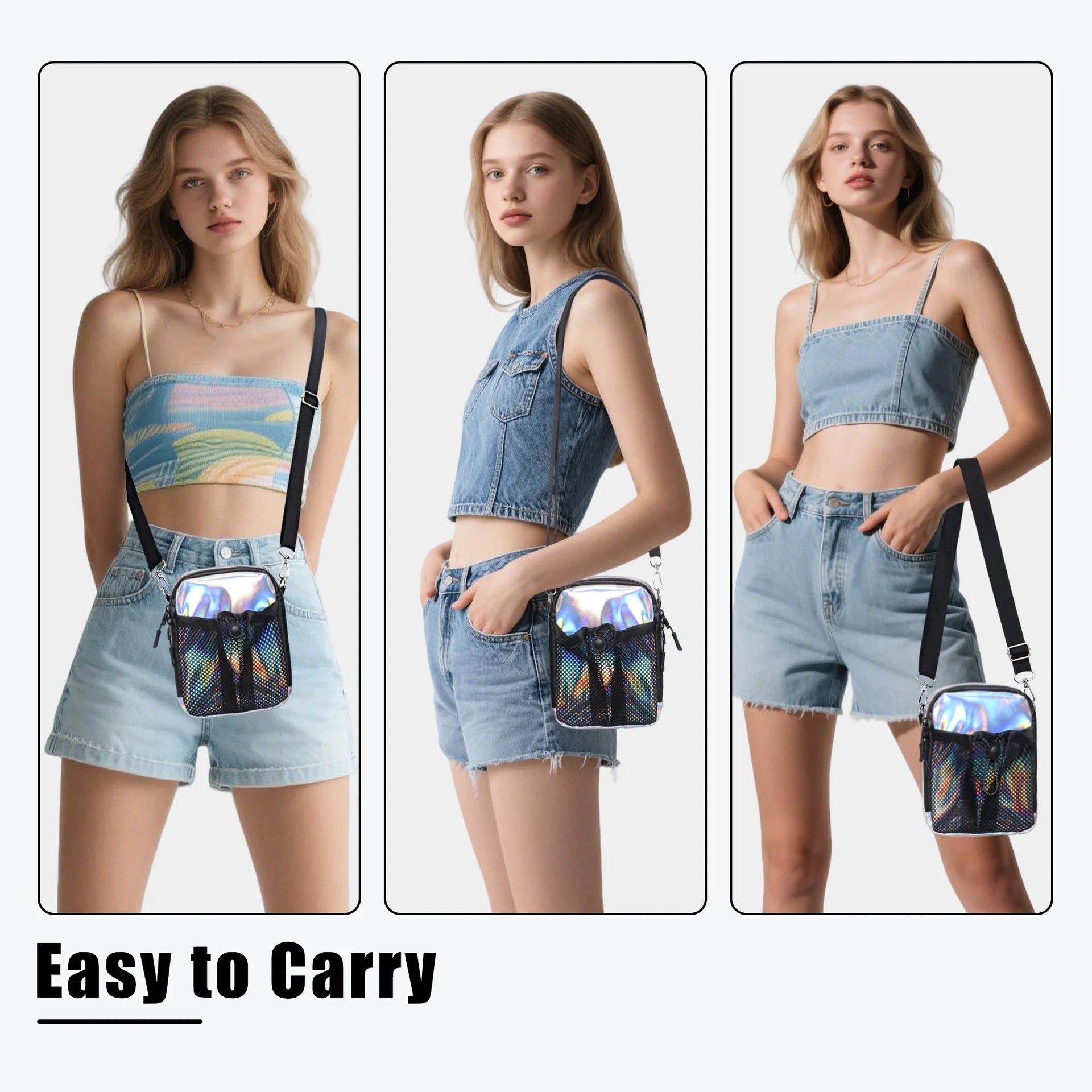 Holographic Crossbody Phone Bag Waterproof Small Shoulder Bag with Front Mesh Pocket Casual Travel Mini Messenger Pouch for Wome
