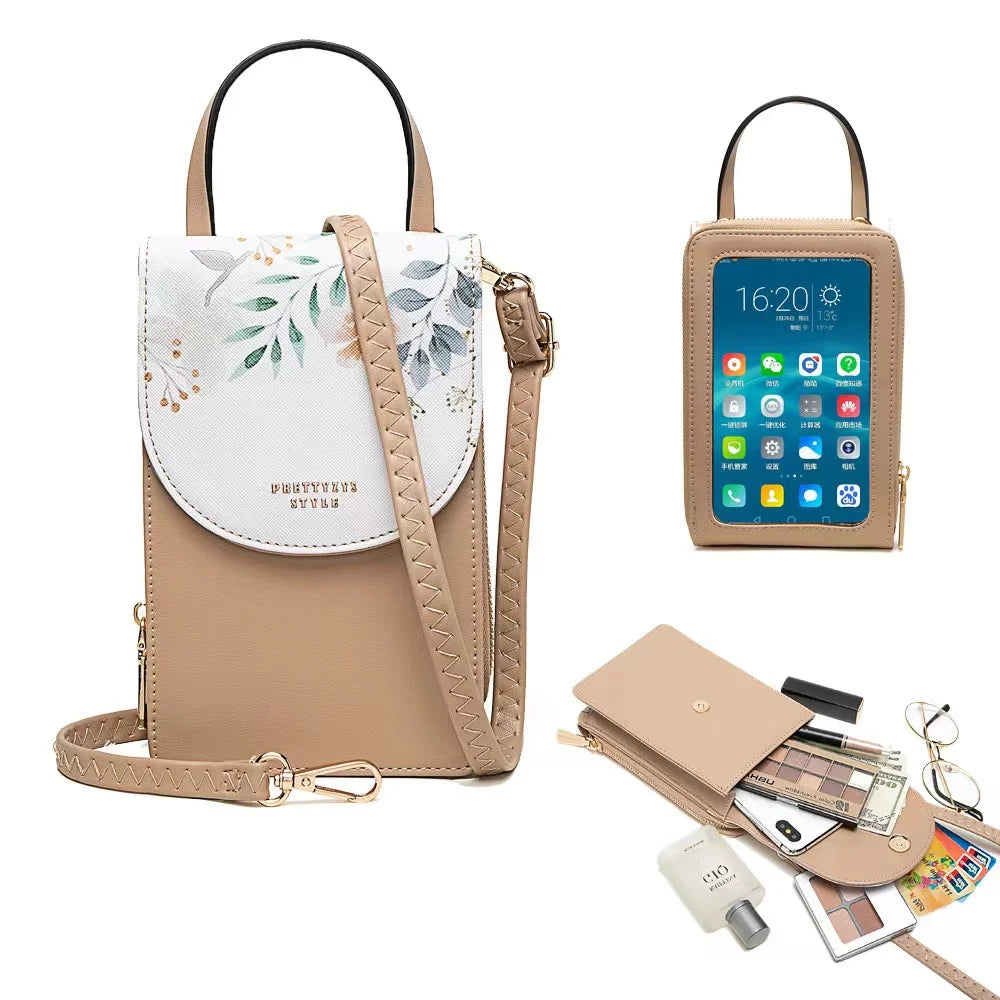 2024 Spring/summer new women's touch screen mobile phone bag Korean version PU leather clamshell printed shoulder bag Multi-func