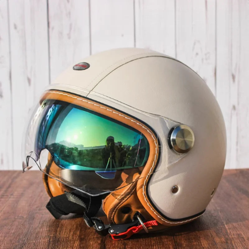 Brown Leather Original DOT ECE 3/4 Open Face Helmet MT Capacete Motorcycle Helmet JET Scooter Bike Half Helmets Cascos Para Moto