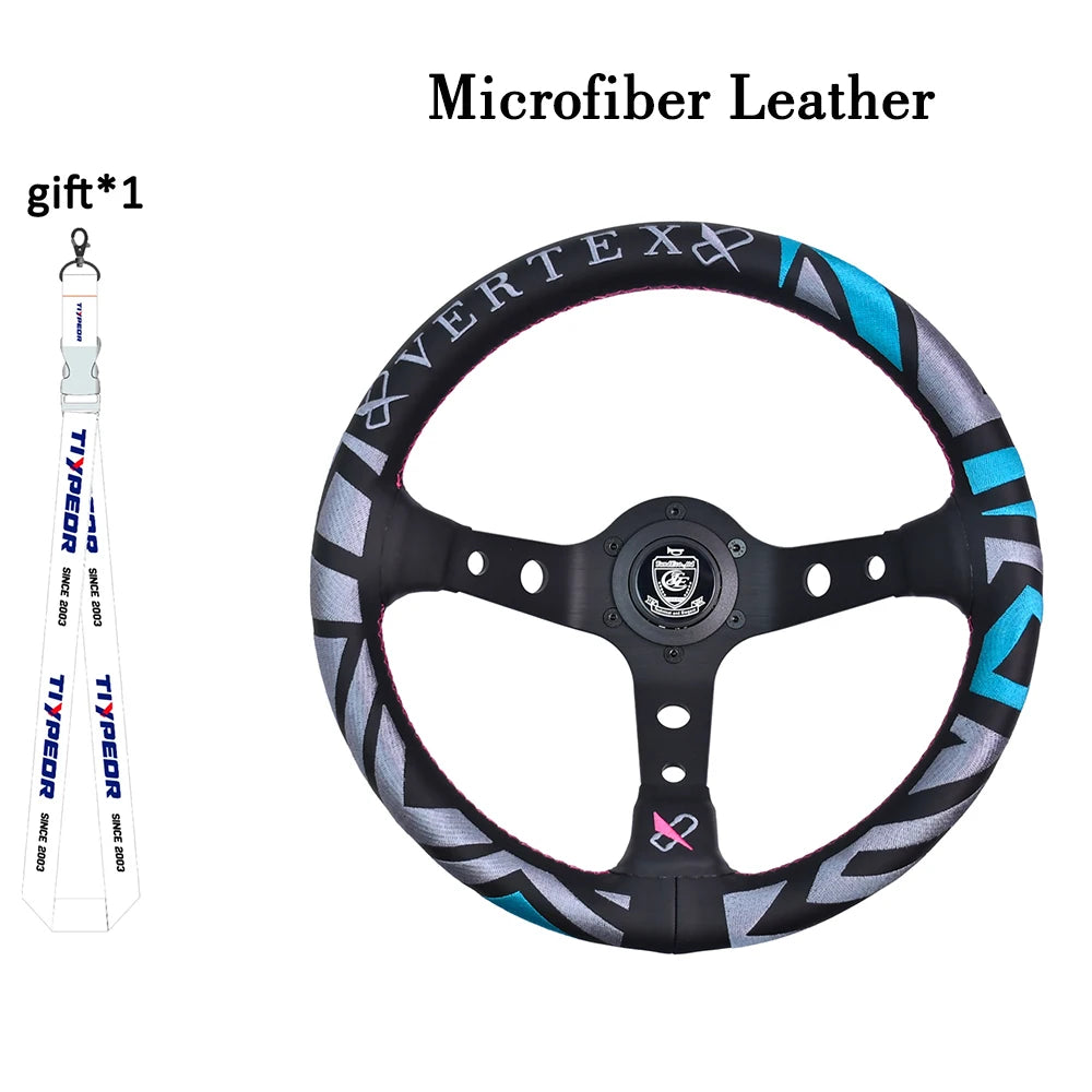 VERTEX Universal Racing Steering Wheel Black Spoke Suede Embroidered Sports Steering Wheel With 6 Holes