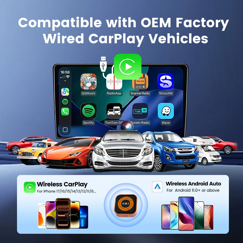 New 4-in-1 Wireless CarPlay Mini Ultra 6 Android Auto Dongle Screen Mirroring MiraCast AirPlay BT WiFi Seamless Connection OTA