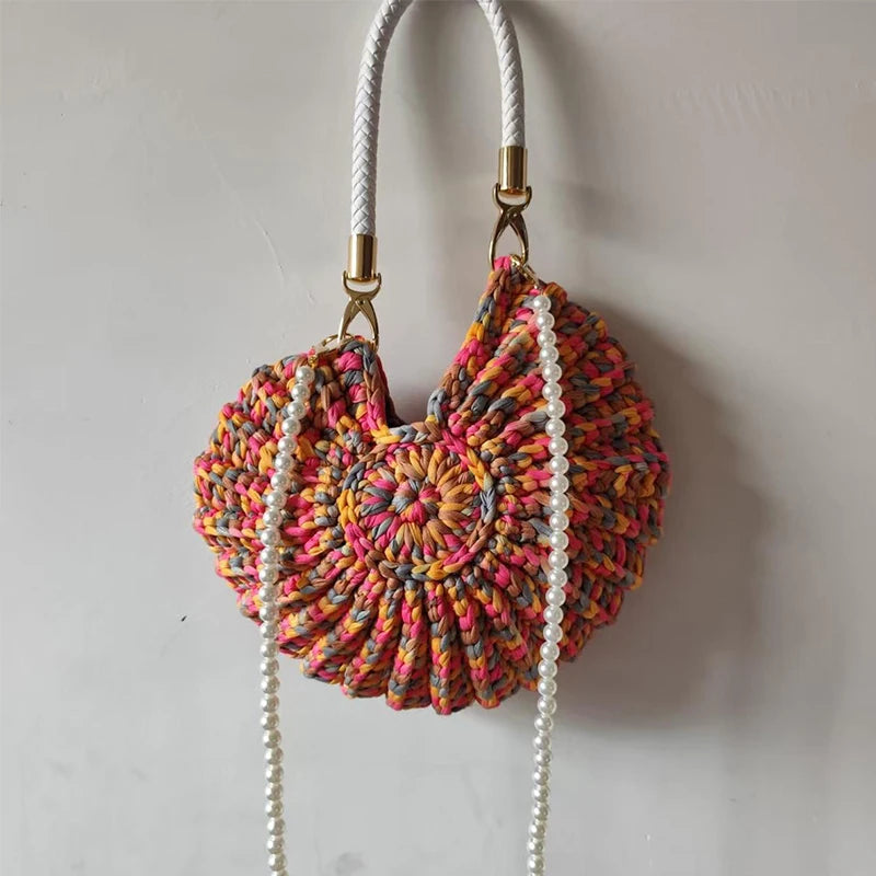 Creative Candy Color Conch Bag For Women Crochet Shoulder Bags Funny Cute Pearls Chains Handmade Weave Crossbody Hobo Shell Bag