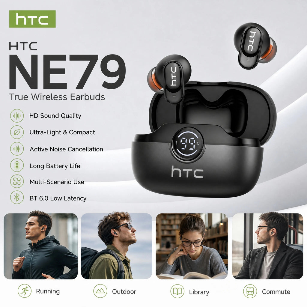 HTC NE79 Bluetooth Earphones Sports Gaming Long Battery Comfort Wireless Headphones Premium Sound Quality Soft In-ear Earbuds