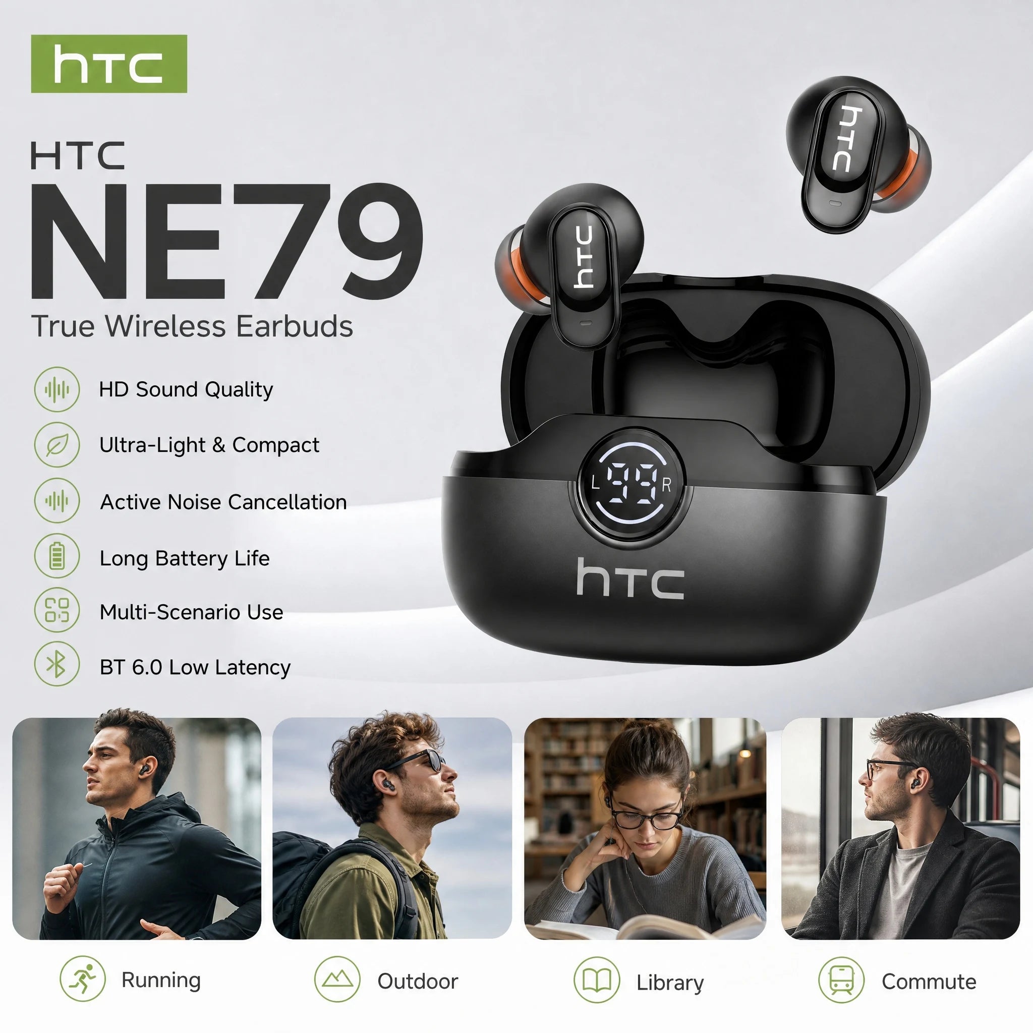 HTC NE79 Bluetooth Earphones Sports Gaming Long Battery Comfort Wireless Headphones Premium Sound Quality Soft In-ear Earbuds