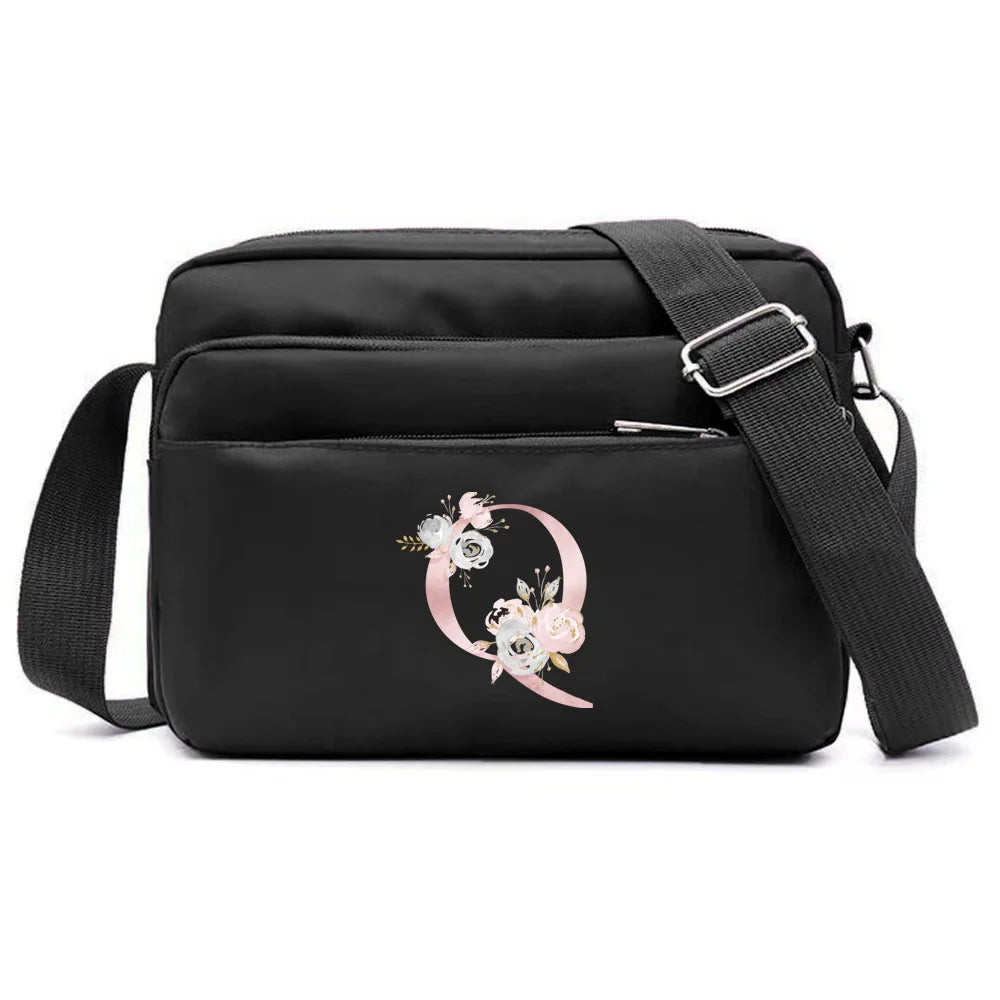 New Simple Black Storage Bag Multi-layer Travel Leisure One Shoulder Crossbody Bag Pink Flower Letter Series Printing Pattern