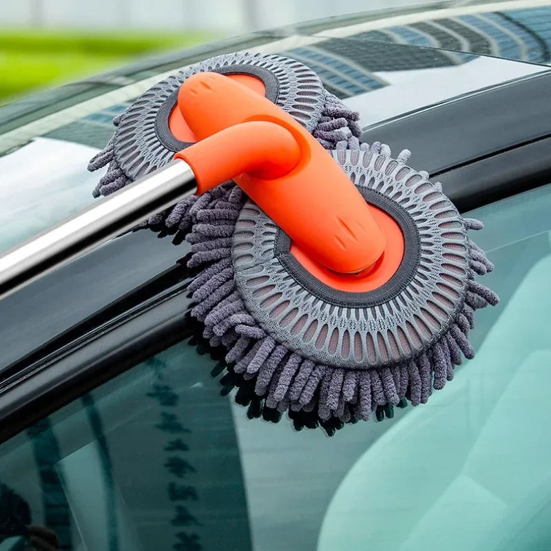 Car Washer Mop Foam Wash Chenille Brush Double Brush Head Roof Window Cleaning Maintenance Three-Section Telescopic Mop