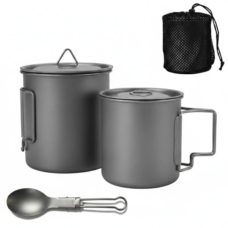 Titanium Camping Cookware Set with Folding Mug (420ml/750ml) and 750ml Pot, Lightweight Portable Outdoor Kit for Hiking Backpack