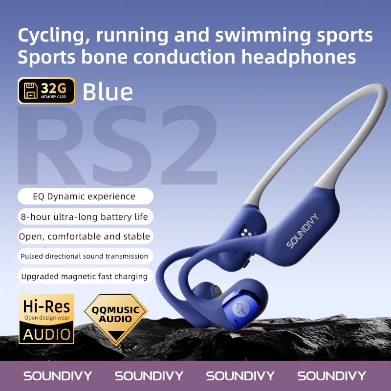 RS2 Bone Conduction Bluetooth Earphones 32GB Memory IPX6 Daily Life Sweatproof Sports Running Cycling Earphones SOUNDITY