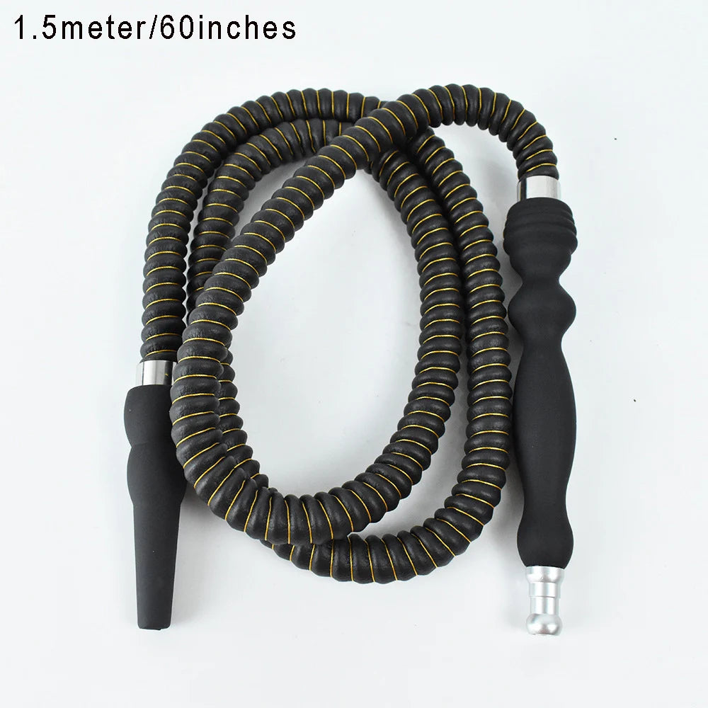 60inch Length Hookah Hose Washable Soft Touch Rubber Handle Alloy Tip Leather Wrapped Black Hookah Hose