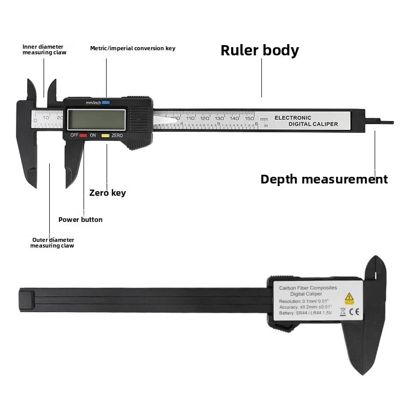 Digital Electronic Caliper LCD Large Screen Carbon Fiber Vernier Caliper for Inner Outer Diameter Measurement