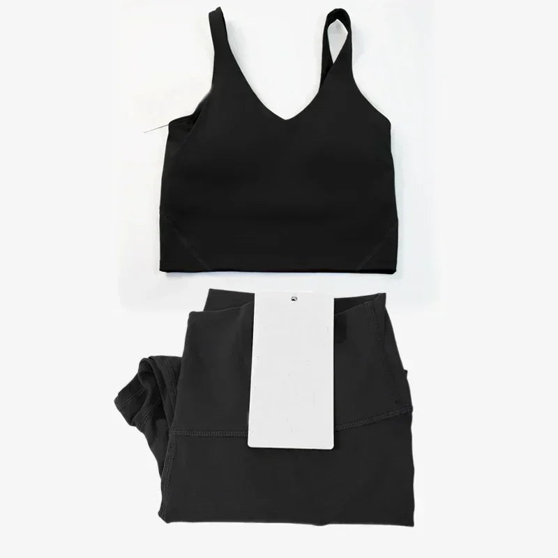 Classic women's 2-piece yoga outfit: U-shaped camisole top & high-waisted nude-feel leggings, suitable for fitness and workout.