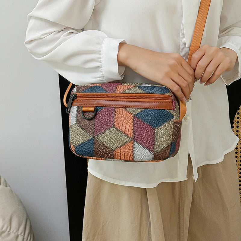 Color Block Patchwork Crossbody Pouch Smooth Zipper Closure, Portable Sling Bag for Motorbike Travel Leisure Outdoor Walks